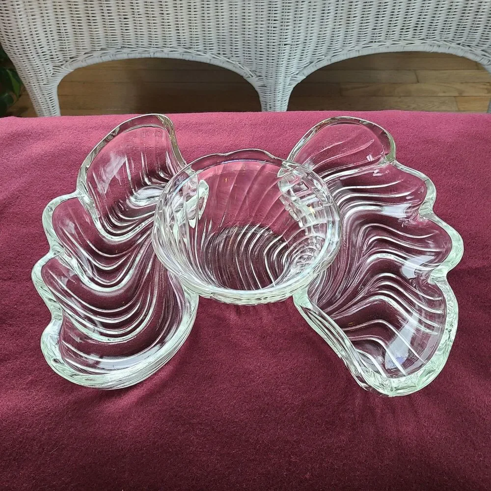 Vintage 1960s Kromex Holiday Giftware Crystal Dual Shell Dishes & Bowl Glass Set